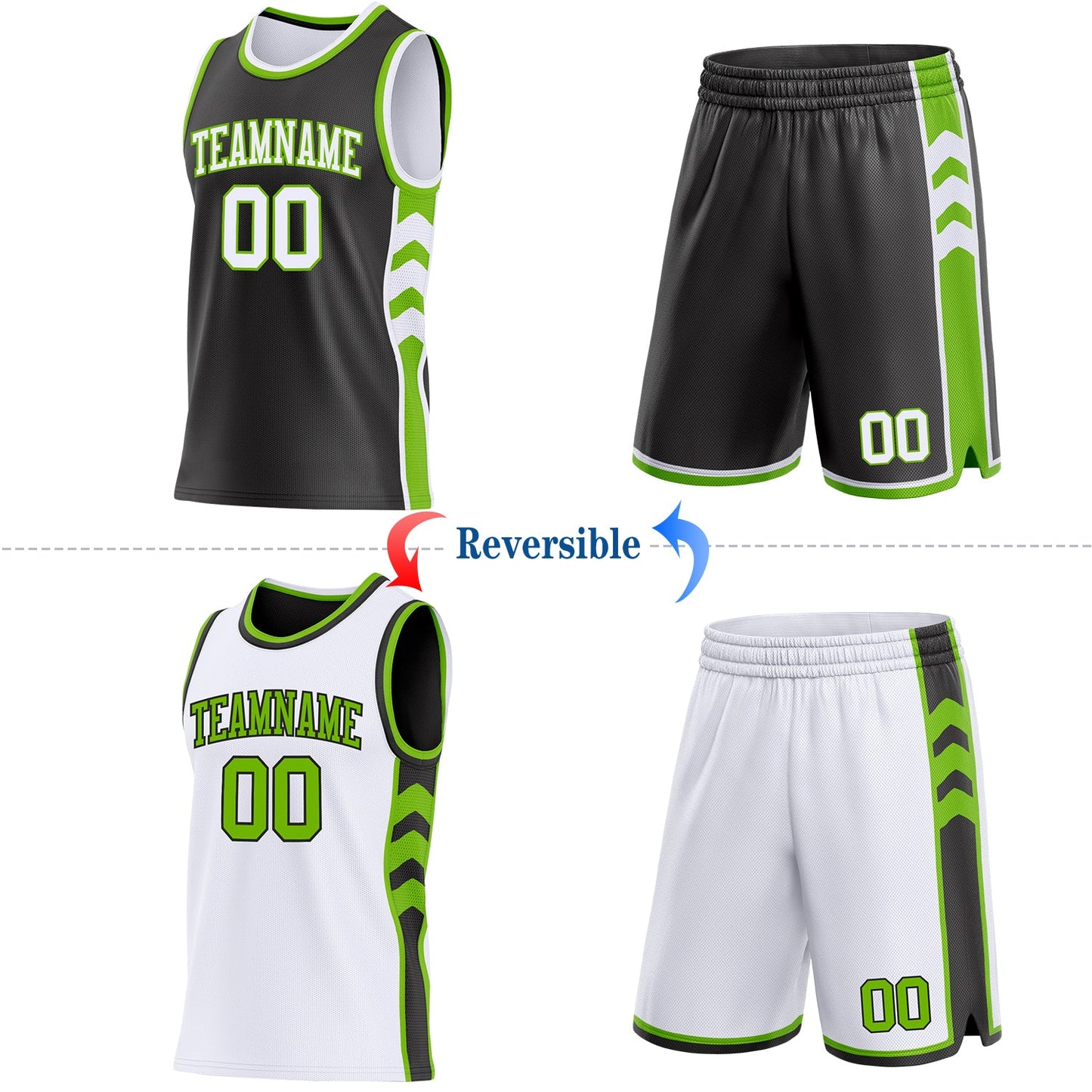 Custom Black White-Neon Green Side Panel Geometric Chevron Reversible Double Side Sublimation Basketball Set Jersey