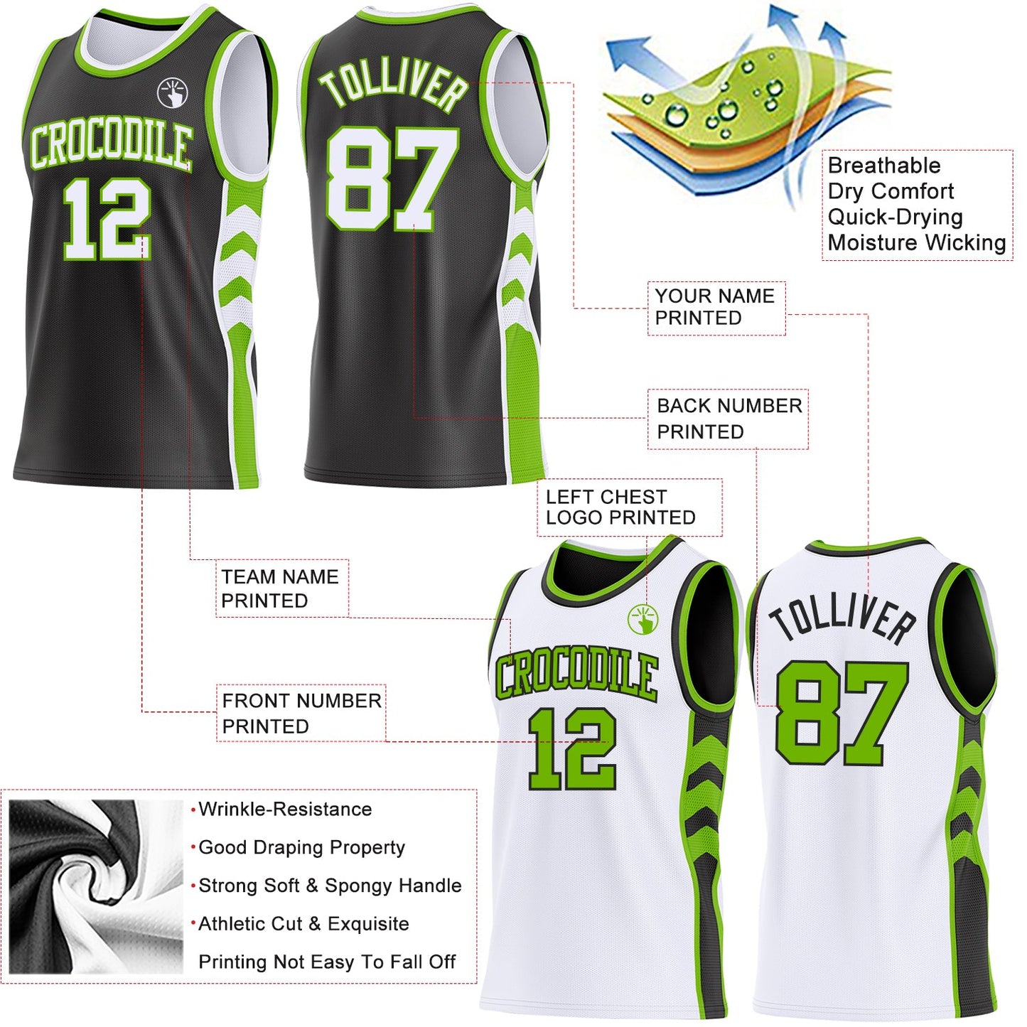 Custom Black White-Neon Green Side Panel Geometric Chevron Reversible Double Side Sublimation Basketball Set Jersey