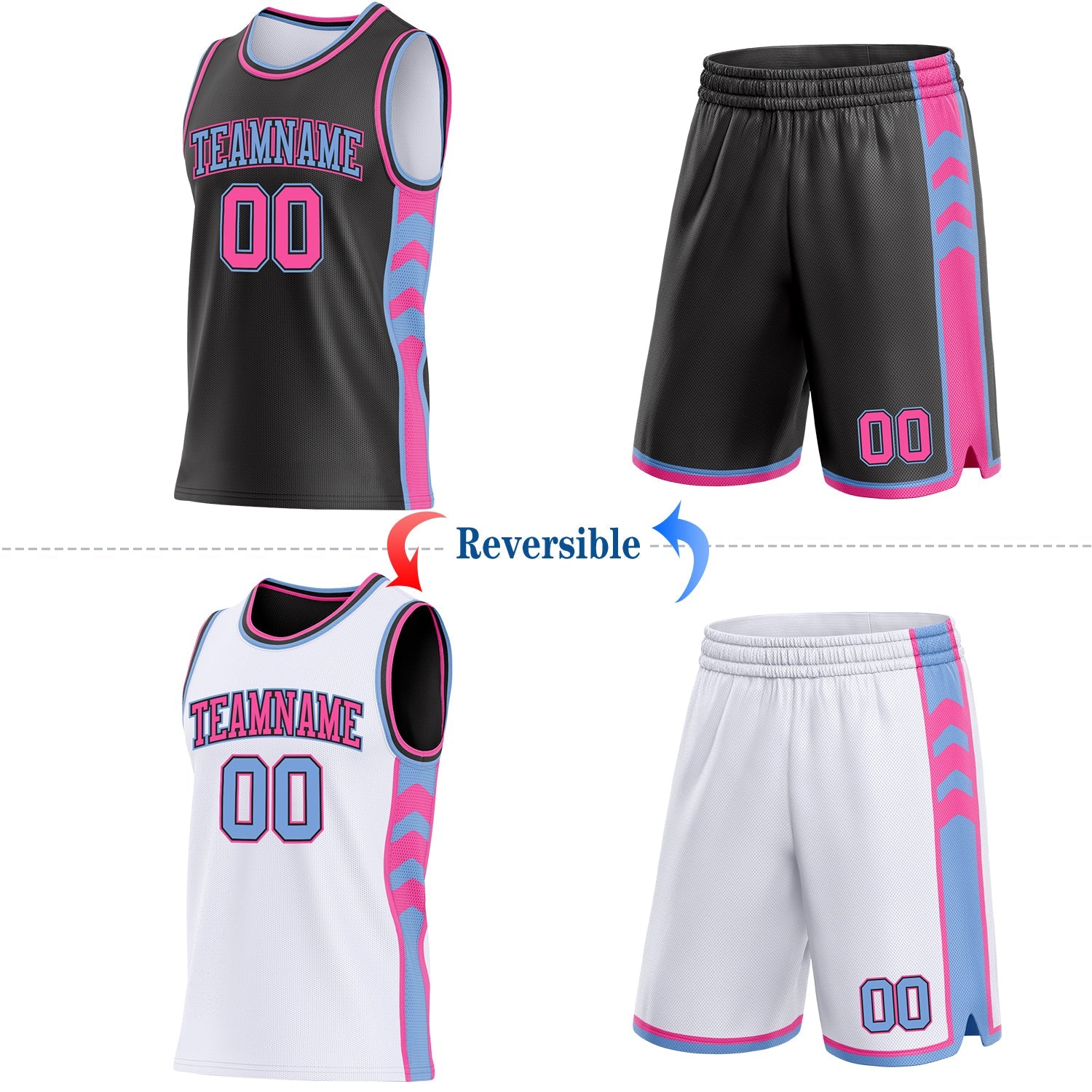 Custom Black Pink-Light Blue Side Panel Geometric Chevron Reversible Double Side Sublimation Basketball Set Jersey