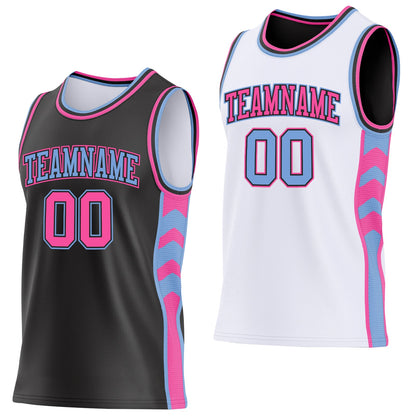 Custom Black Pink-Light Blue Side Panel Geometric Chevron Reversible Double Side Sublimation Basketball Set Jersey