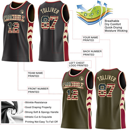 Custom Black(Olive) Vintage USA Flag Cream-Maroon Side Panel Geometric Chevron Reversible Double Side Sublimation Basketball Set Jersey