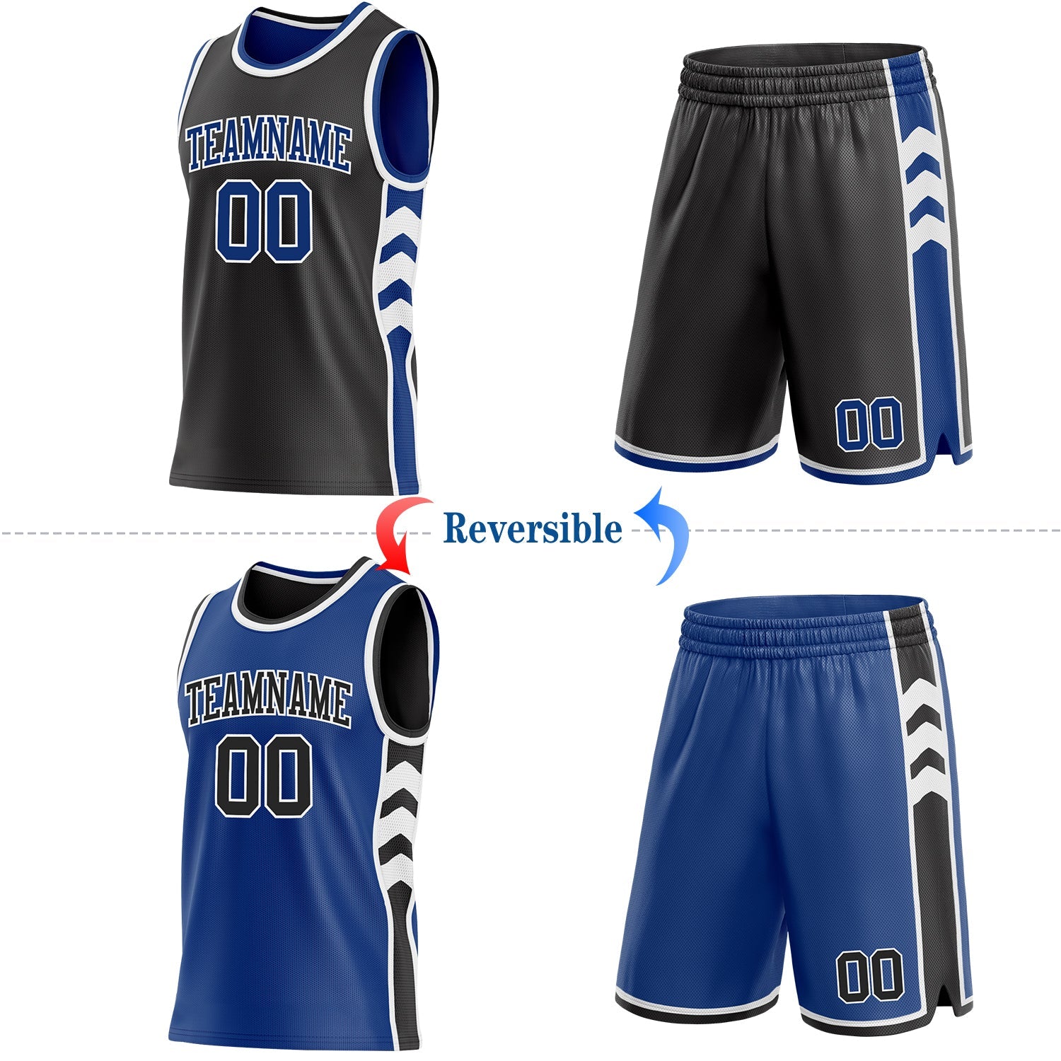 Custom Black Royal-White Side Panel Geometric Chevron Reversible Double Side Sublimation Basketball Set Jersey