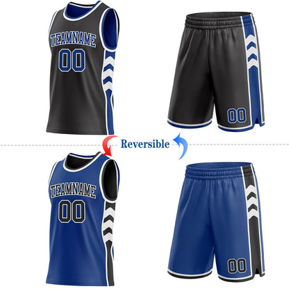 Custom Black Royal-White Side Panel Geometric Chevron Reversible Double Side Sublimation Basketball Set Jersey