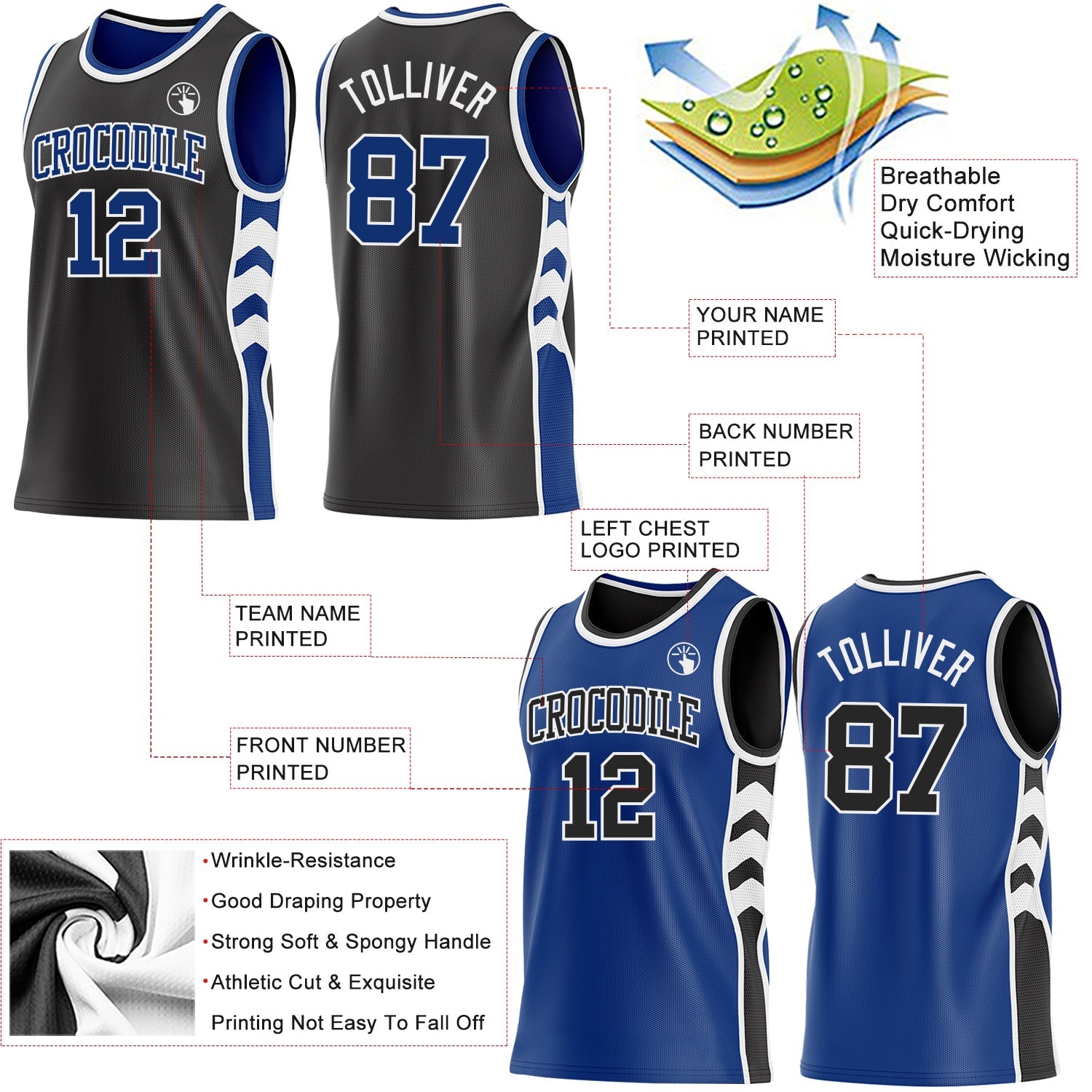 Custom Black Royal-White Side Panel Geometric Chevron Reversible Double Side Sublimation Basketball Set Jersey