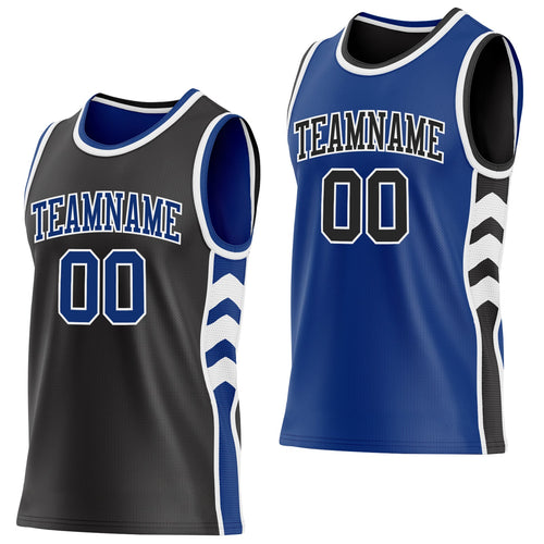 Custom Black Royal-White Side Panel Geometric Chevron Reversible Double Side Sublimation Basketball Set Jersey