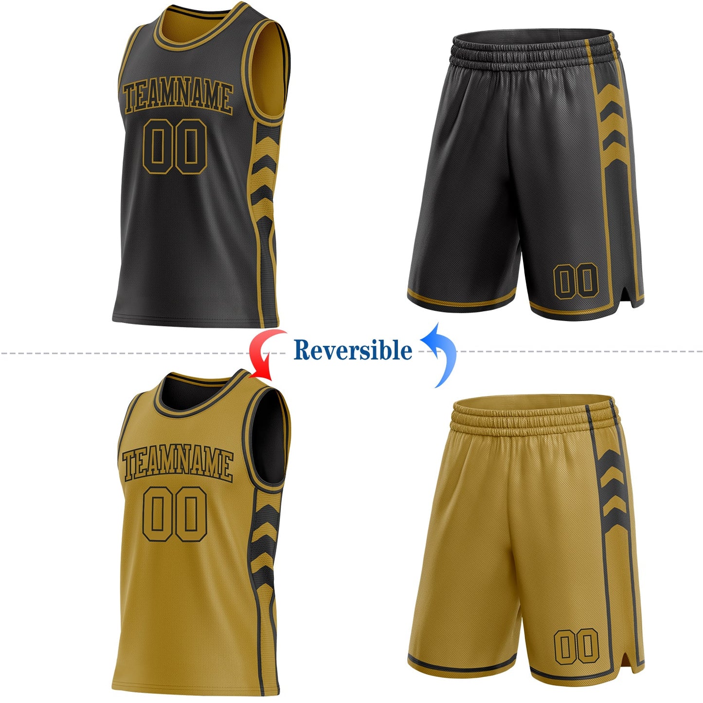 Custom Black-Old Gold Side Panel Geometric Chevron Reversible Double Side Sublimation Basketball Set Jersey