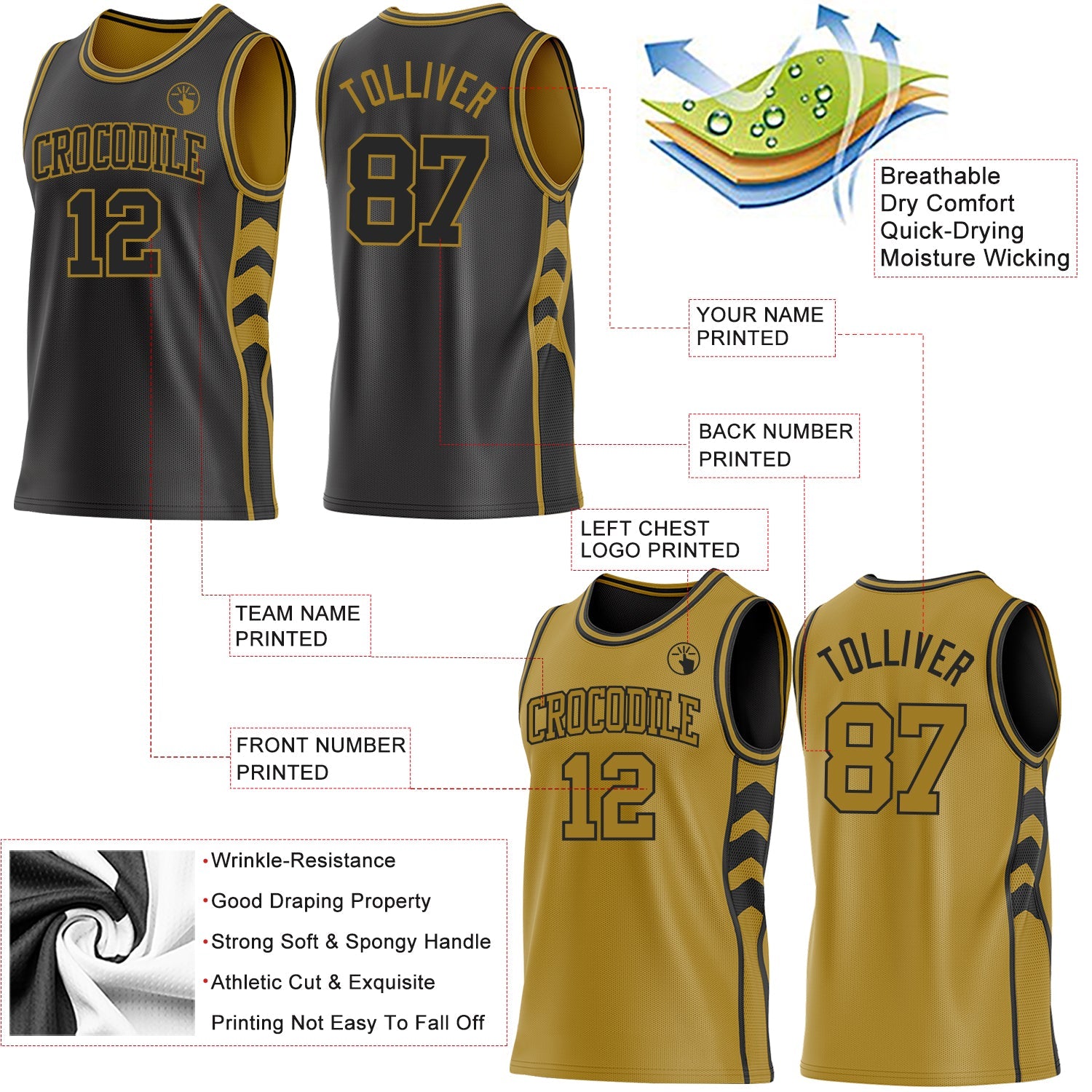 Custom Black-Old Gold Side Panel Geometric Chevron Reversible Double Side Sublimation Basketball Set Jersey