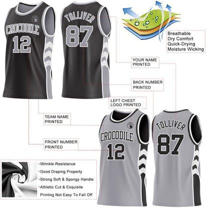 Custom Black Gray-White Side Panel Geometric Chevron Reversible Double Side Sublimation Basketball Set Jersey