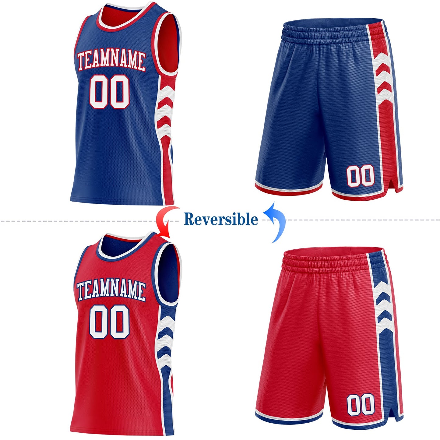 Custom Royal White-Red Side Panel Geometric Chevron Reversible Double Side Sublimation Basketball Set Jersey