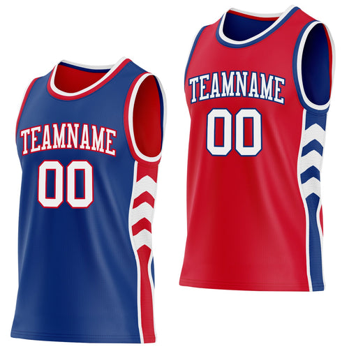 Custom Royal White-Red Side Panel Geometric Chevron Reversible Double Side Sublimation Basketball Set Jersey