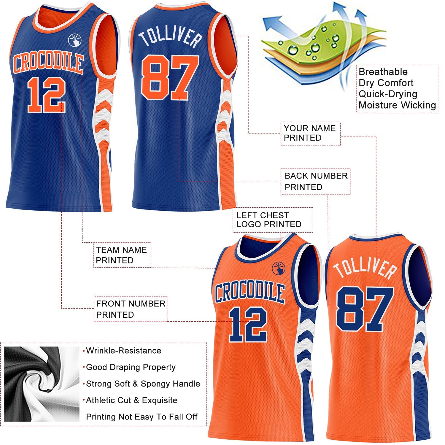 Custom Royal Orange-White Side Panel Geometric Chevron Reversible Double Side Sublimation Basketball Set Jersey