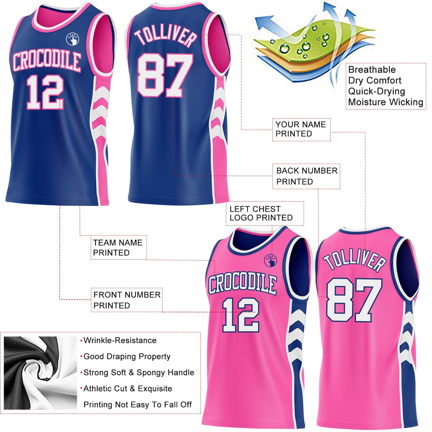 Custom Royal White-Pink Side Panel Geometric Chevron Reversible Double Side Sublimation Basketball Set Jersey