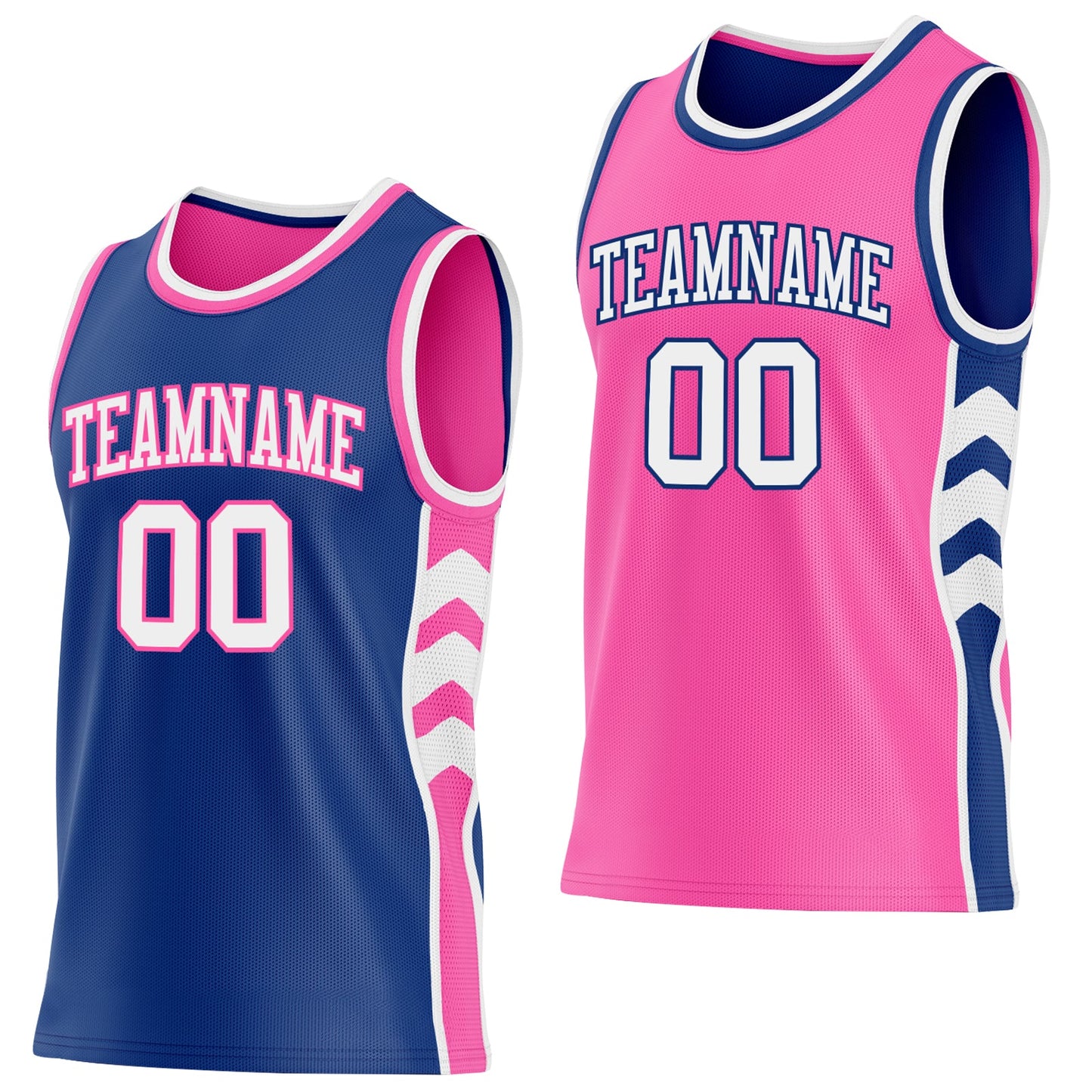 Custom Royal White-Pink Side Panel Geometric Chevron Reversible Double Side Sublimation Basketball Set Jersey