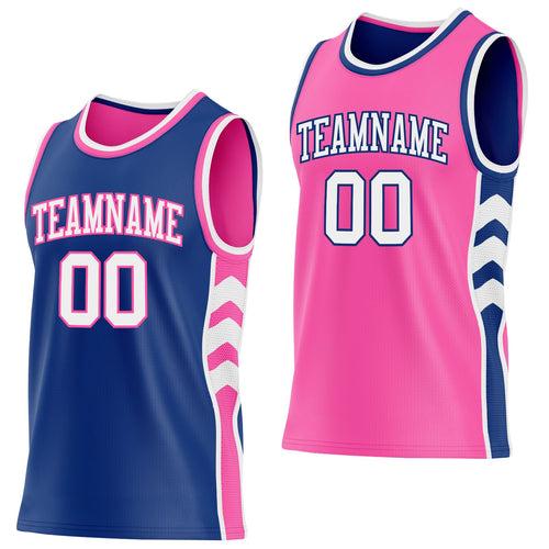 Custom Royal White-Pink Side Panel Geometric Chevron Reversible Double Side Sublimation Basketball Set Jersey