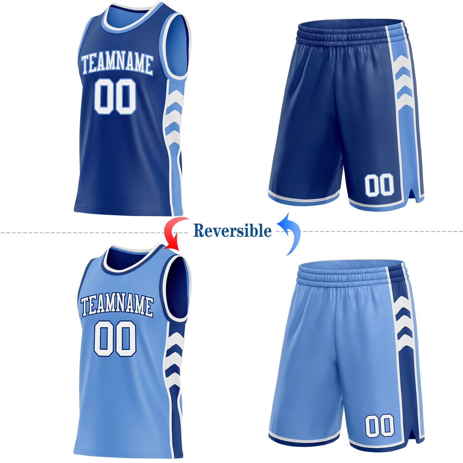 Custom Royal White-Light Blue Side Panel Geometric Chevron Reversible Double Side Sublimation Basketball Set Jersey