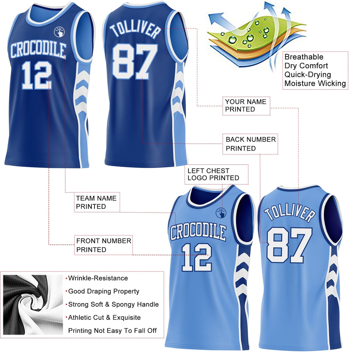 Custom Royal White-Light Blue Side Panel Geometric Chevron Reversible Double Side Sublimation Basketball Set Jersey