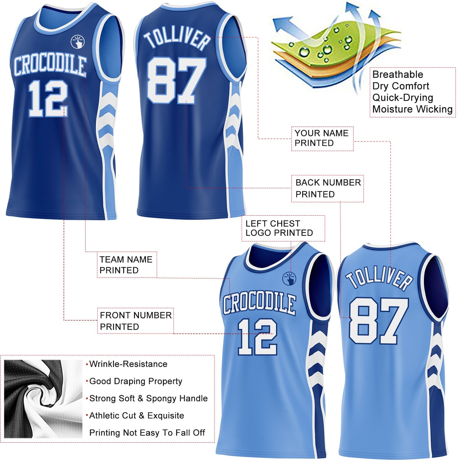 Custom Royal White-Light Blue Side Panel Geometric Chevron Reversible Double Side Sublimation Basketball Set Jersey