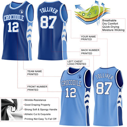 Custom Royal White-Light Blue Side Panel Geometric Chevron Reversible Double Side Sublimation Basketball Set Jersey