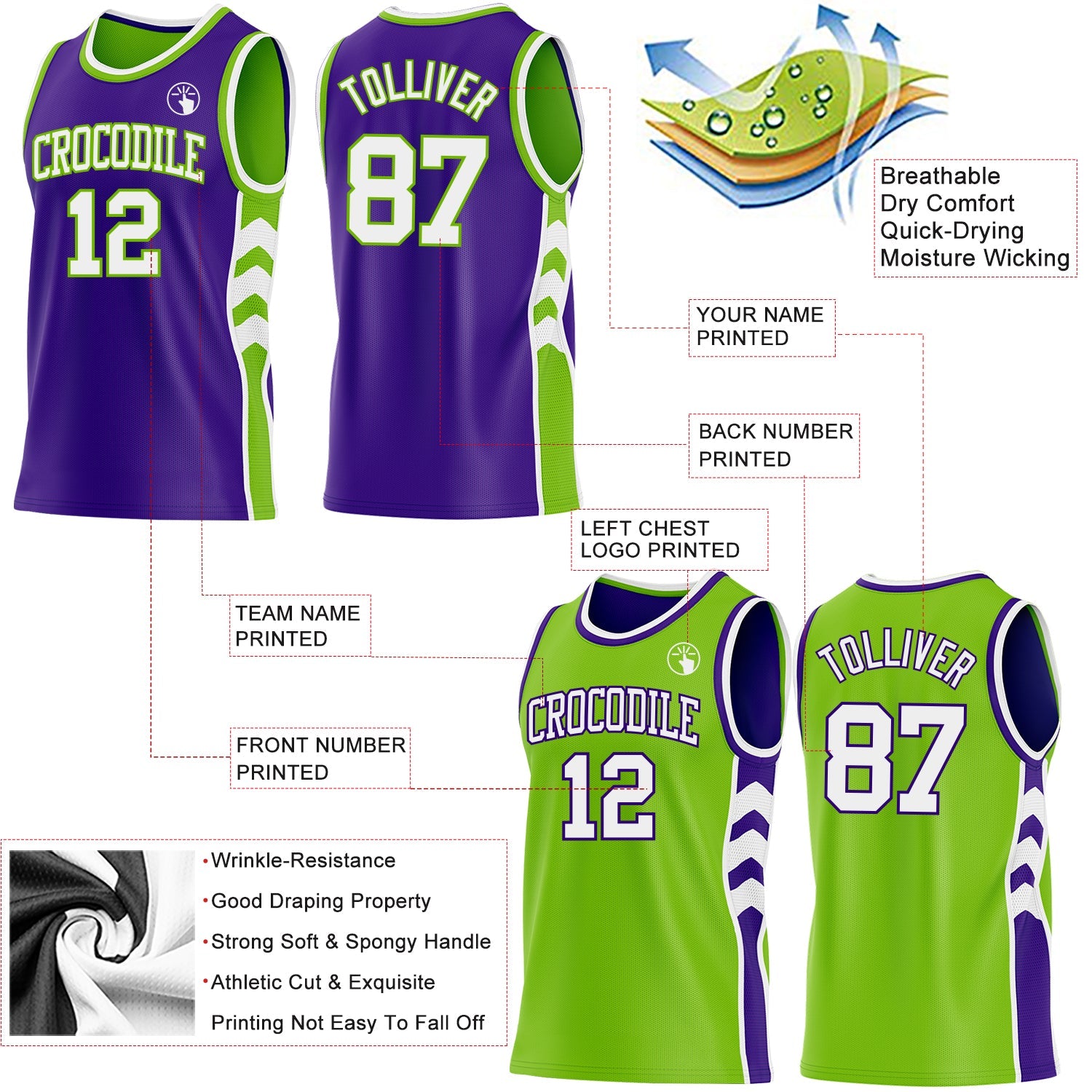 Custom Purple White-Neon Green Side Panel Geometric Chevron Reversible Double Side Sublimation Basketball Set Jersey