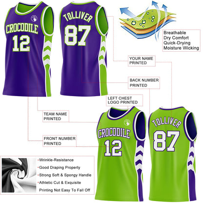 Custom Purple White-Neon Green Side Panel Geometric Chevron Reversible Double Side Sublimation Basketball Set Jersey