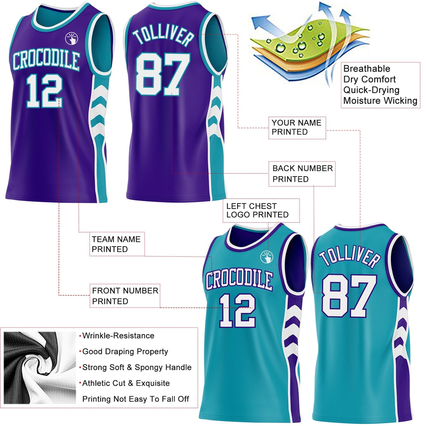 Custom Purple White-Teal Side Panel Geometric Chevron Reversible Double Side Sublimation Basketball Set Jersey