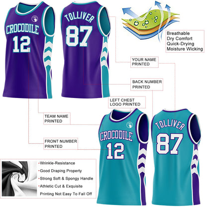 Custom Purple White-Teal Side Panel Geometric Chevron Reversible Double Side Sublimation Basketball Set Jersey