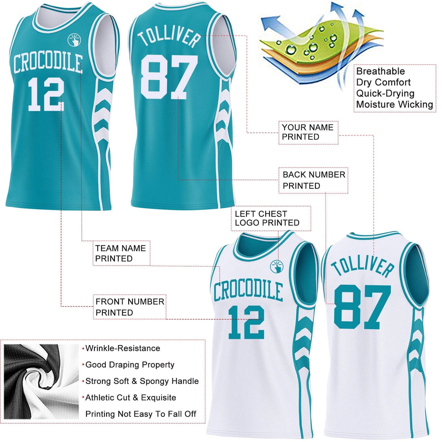 Custom Teal-White Side Panel Geometric Chevron Reversible Double Side Sublimation Basketball Set Jersey