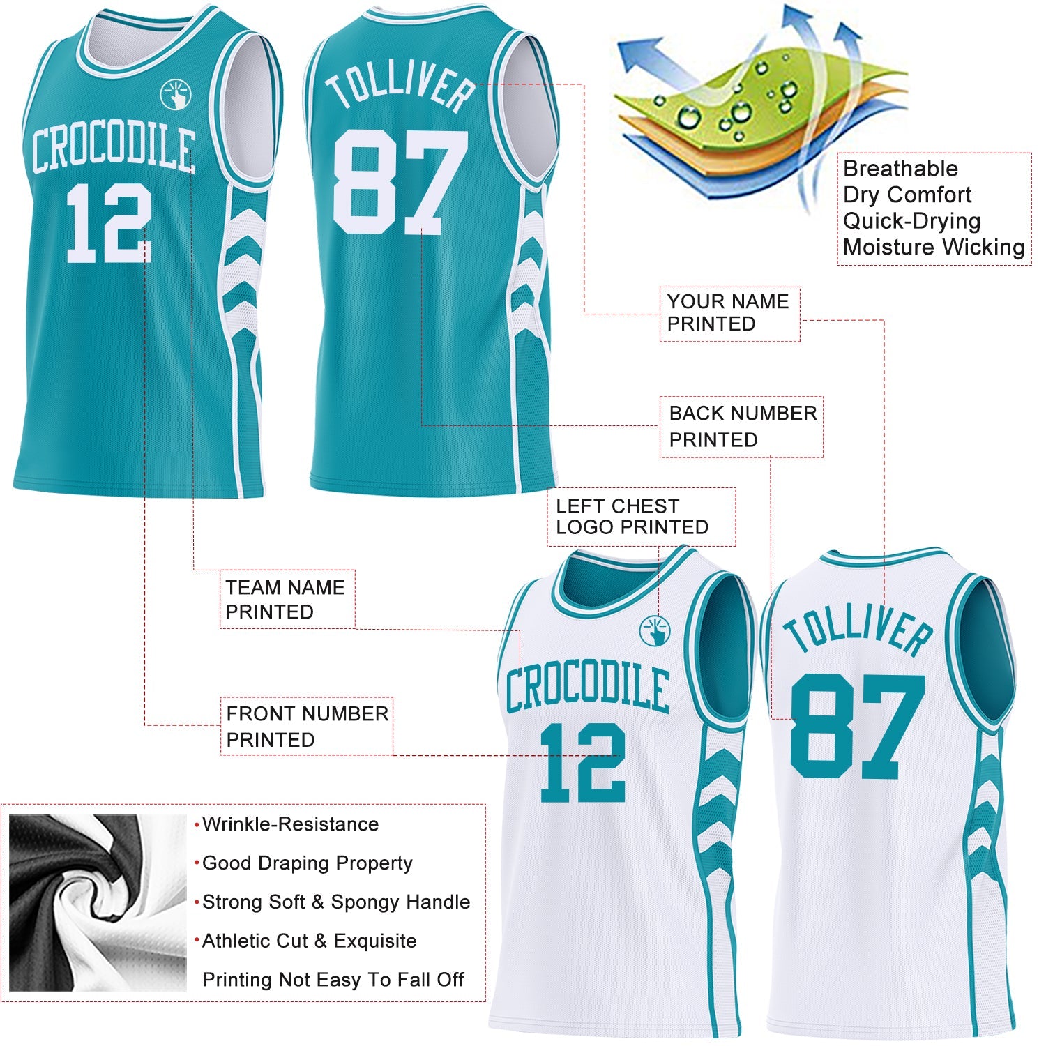 Custom Teal-White Side Panel Geometric Chevron Reversible Double Side Sublimation Basketball Set Jersey