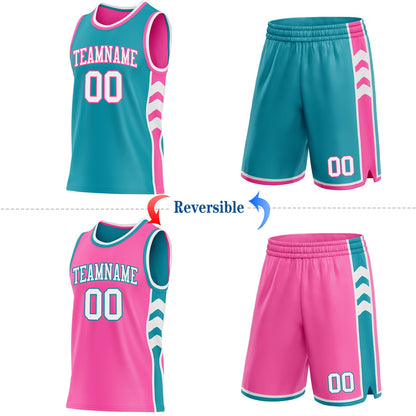 Custom Teal White-Pink Side Panel Geometric Chevron Reversible Double Side Sublimation Basketball Set Jersey