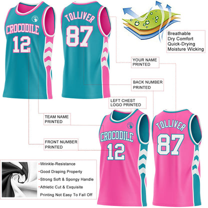 Custom Teal White-Pink Side Panel Geometric Chevron Reversible Double Side Sublimation Basketball Set Jersey