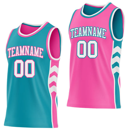 Custom Teal White-Pink Side Panel Geometric Chevron Reversible Double Side Sublimation Basketball Set Jersey