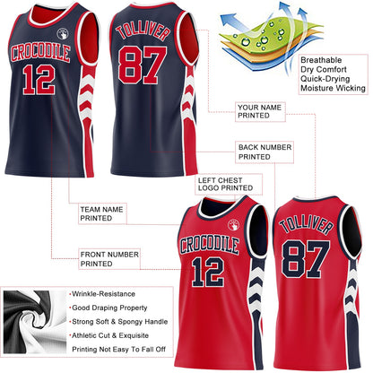 Custom Navy Red-White Side Panel Geometric Chevron Reversible Double Side Sublimation Basketball Set Jersey