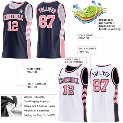 Custom Navy Medium Pink-White Side Panel Geometric Chevron Reversible Double Side Sublimation Basketball Set Jersey