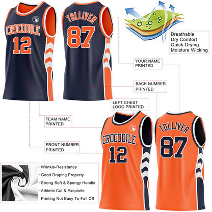 Custom Navy Orange-White Side Panel Geometric Chevron Reversible Double Side Sublimation Basketball Set Jersey