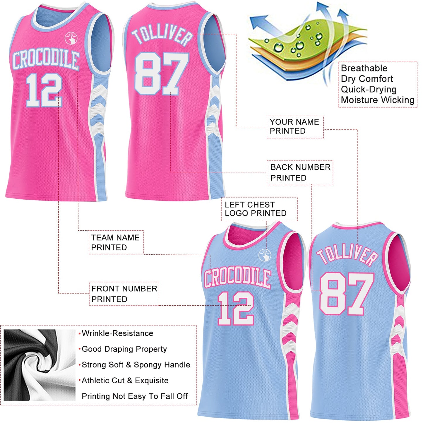Custom Pink White-Light Blue Side Panel Geometric Chevron Reversible Double Side Sublimation Basketball Set Jersey