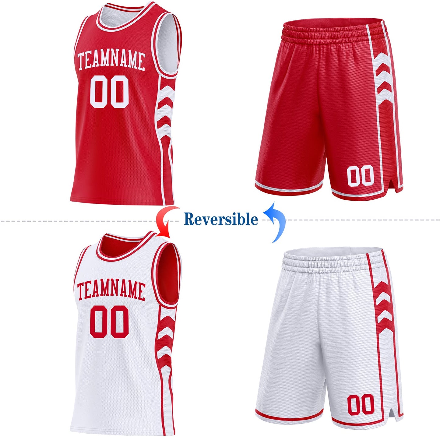 Custom Red-White Side Panel Geometric Chevron Reversible Double Side Sublimation Basketball Set Jersey