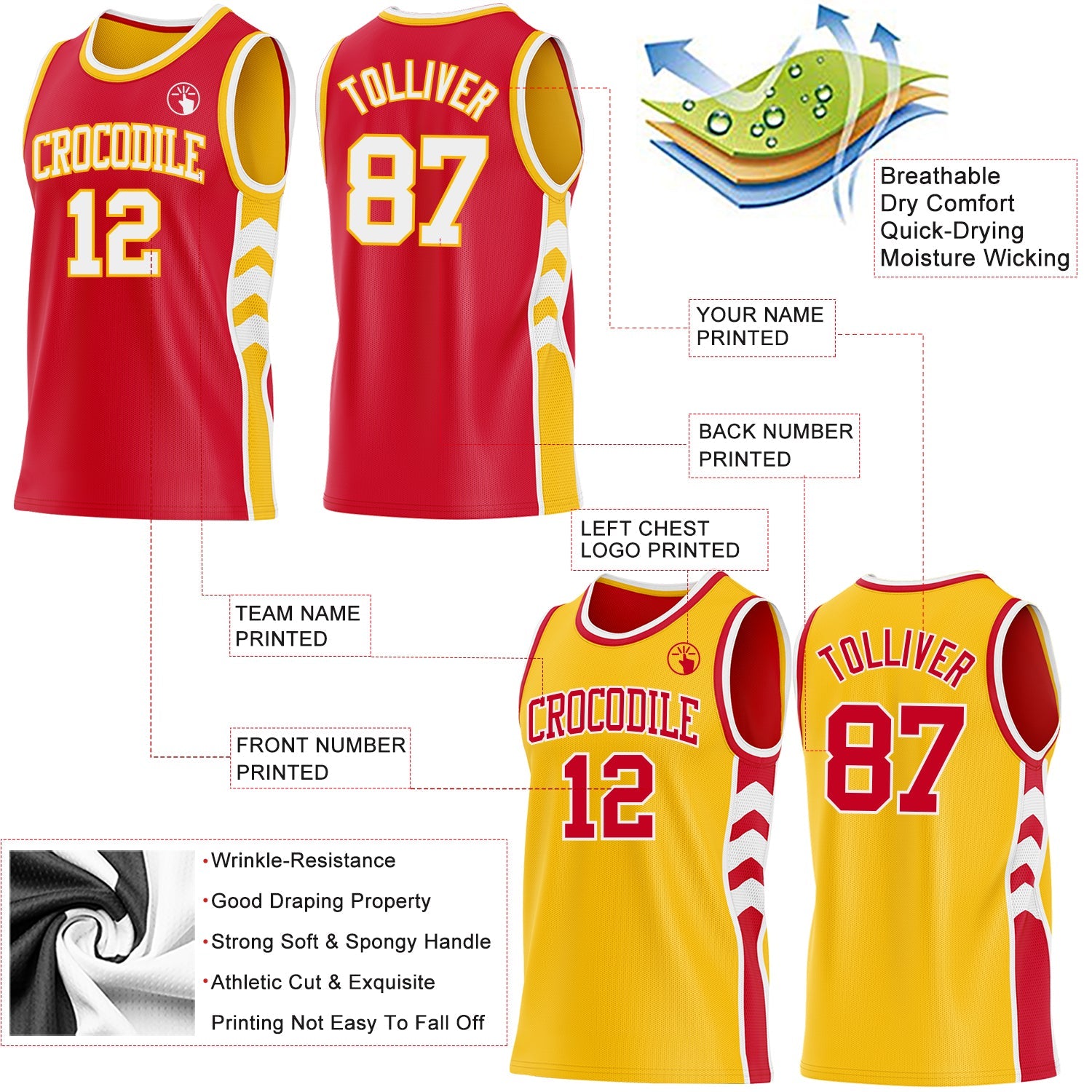 Custom Red White-Gold Side Panel Geometric Chevron Reversible Double Side Sublimation Basketball Set Jersey
