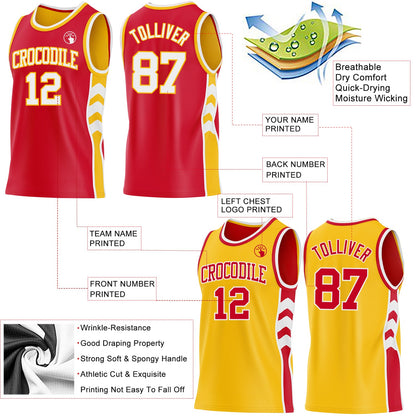 Custom Red White-Gold Side Panel Geometric Chevron Reversible Double Side Sublimation Basketball Set Jersey