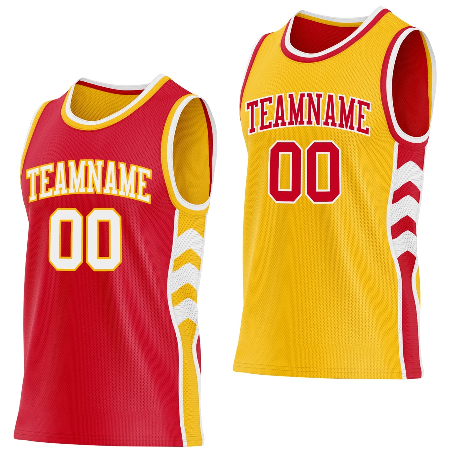 Custom Red White-Gold Side Panel Geometric Chevron Reversible Double Side Sublimation Basketball Set Jersey
