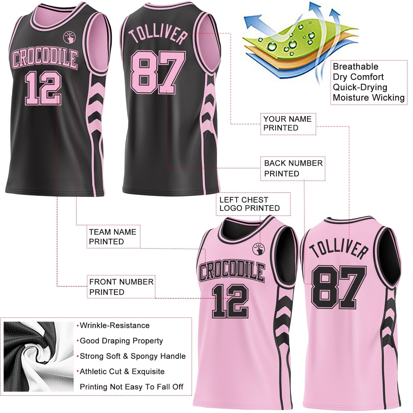 Custom Black-Light Pink Side Panel Geometric Chevron Reversible Double Side Sublimation Basketball Set Jersey