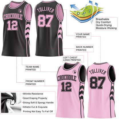 Custom Black-Light Pink Side Panel Geometric Chevron Reversible Double Side Sublimation Basketball Set Jersey