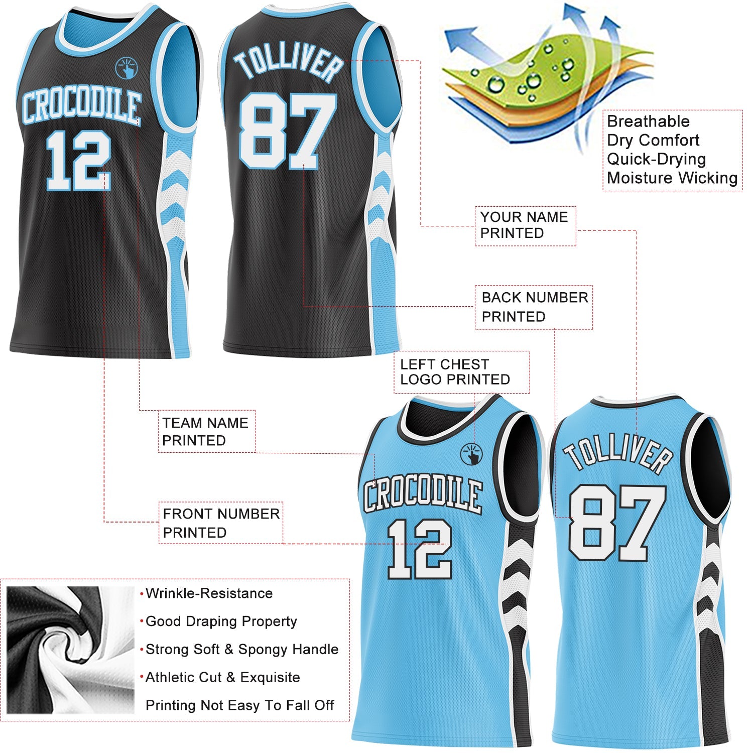 Custom Black White-Sky Blue Side Panel Geometric Chevron Reversible Double Side Sublimation Basketball Set Jersey