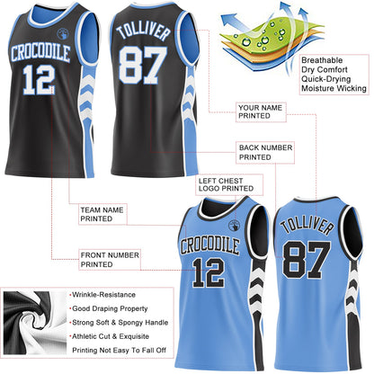 Custom Black White-Light Blue Side Panel Geometric Chevron Reversible Double Side Sublimation Basketball Set Jersey