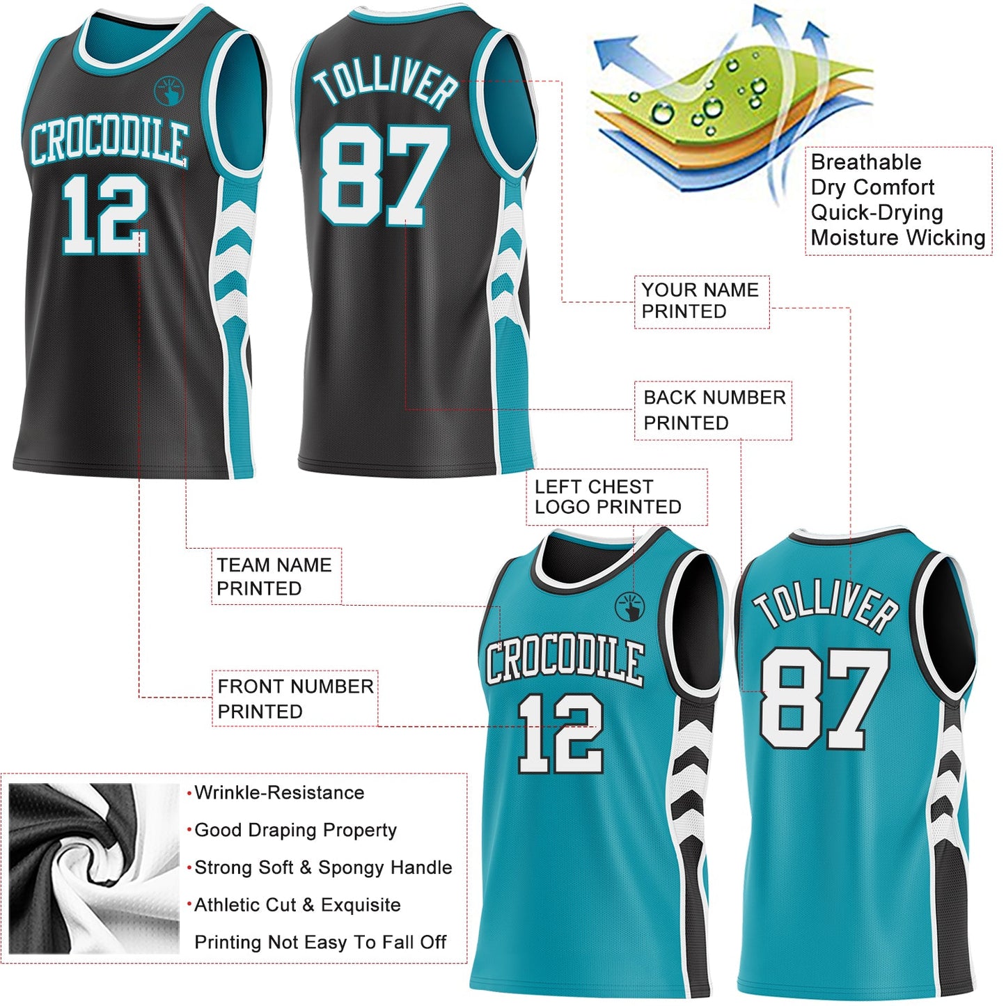 Custom Black White-Teal Side Panel Geometric Chevron Reversible Double Side Sublimation Basketball Set Jersey