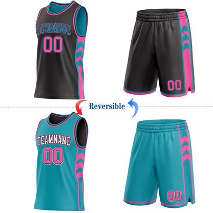 Custom Black Pink-Teal Side Panel Geometric Chevron Reversible Double Side Sublimation Basketball Set Jersey