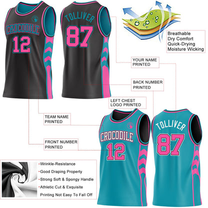 Custom Black Pink-Teal Side Panel Geometric Chevron Reversible Double Side Sublimation Basketball Set Jersey