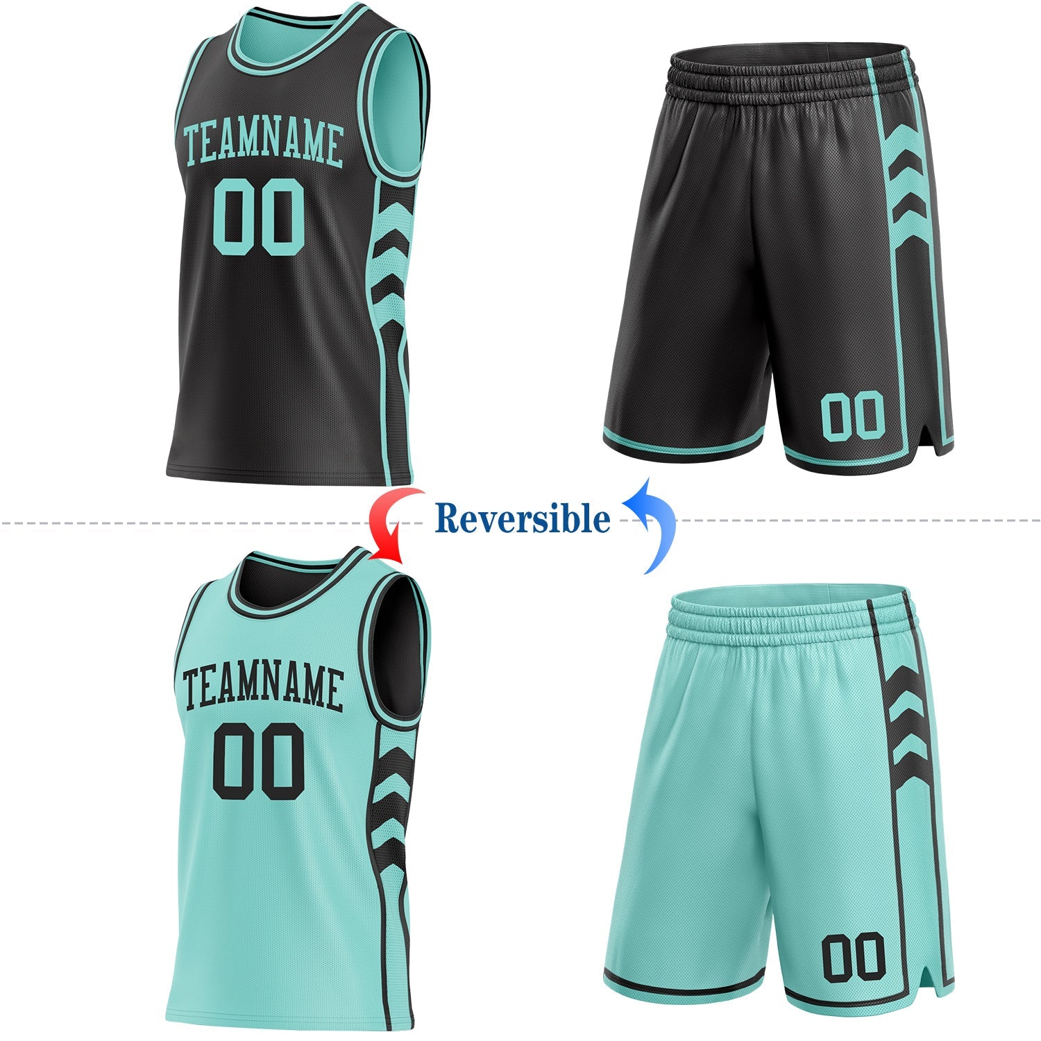 Custom Black-Ice Blue Side Panel Geometric Chevron Reversible Double Side Sublimation Basketball Set Jersey