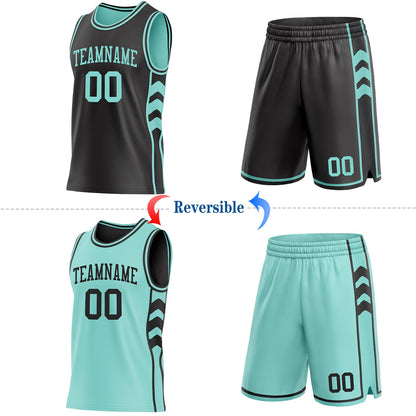 Custom Black-Ice Blue Side Panel Geometric Chevron Reversible Double Side Sublimation Basketball Set Jersey