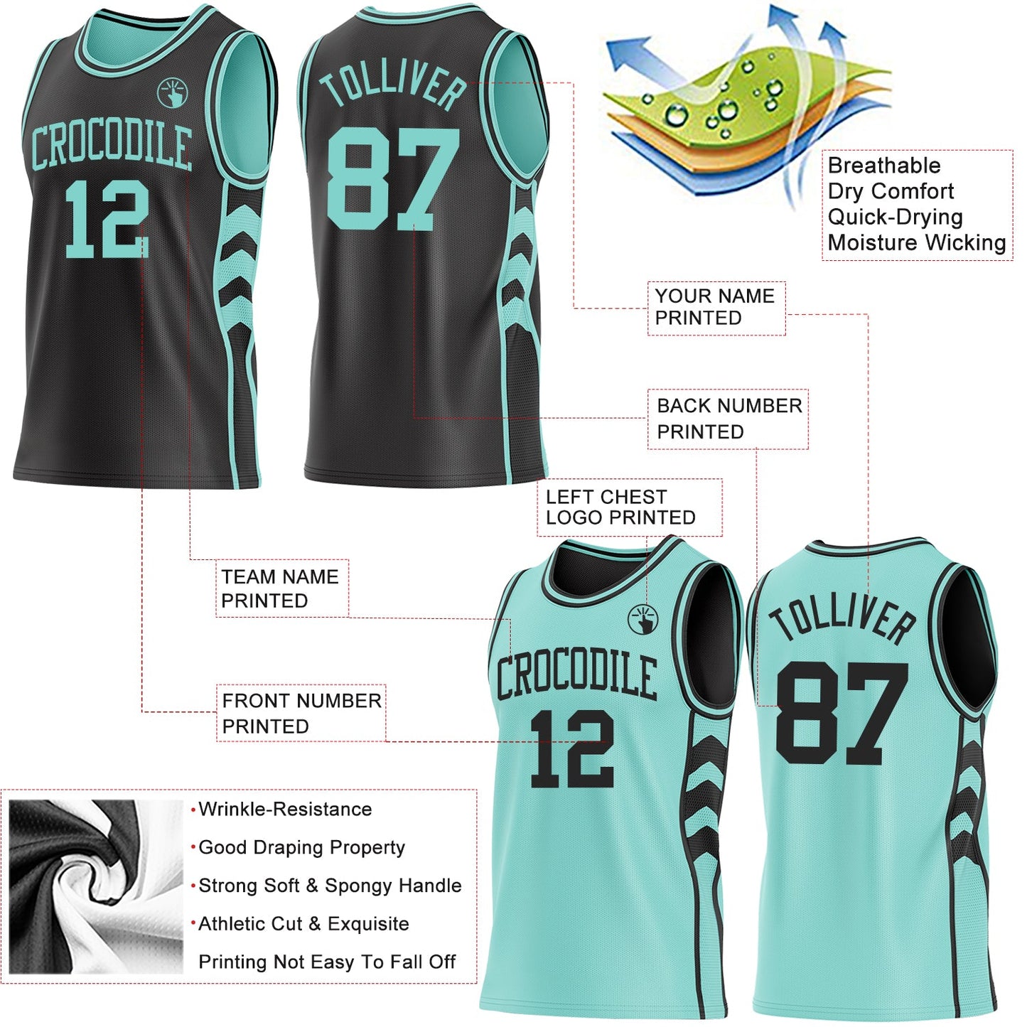 Custom Black-Ice Blue Side Panel Geometric Chevron Reversible Double Side Sublimation Basketball Set Jersey