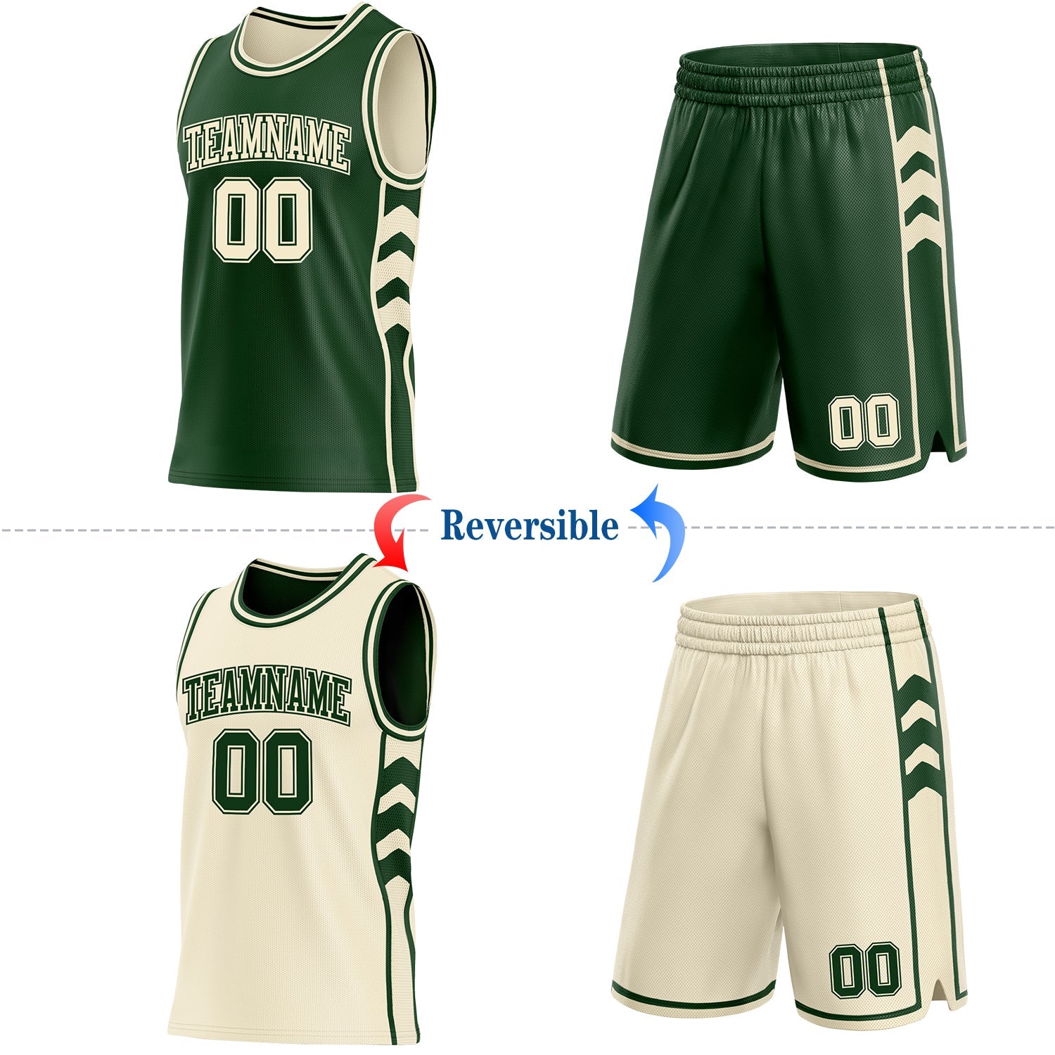 Custom Green-Cream Side Panel Geometric Chevron Reversible Double Side Sublimation Basketball Set Jersey